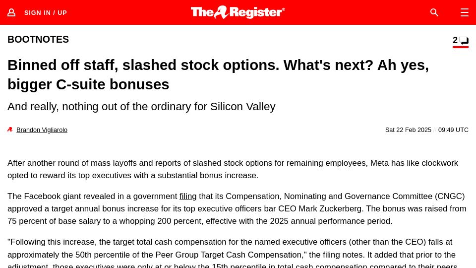 Screenshot of theregister.com: Binned staff, slashed stock options. What's next? Ah yes, bigger C-suite bonuses