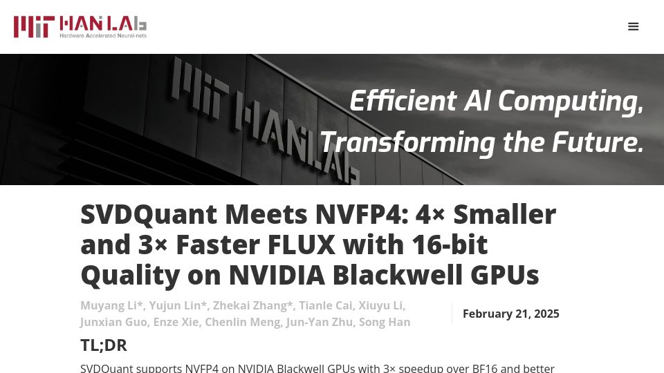 Screenshot of hanlab.mit.edu: SVDQuant+NVFP4: 4× Smaller, 3× Faster FLUX with 16-bit Quality on Blackwell GPUs