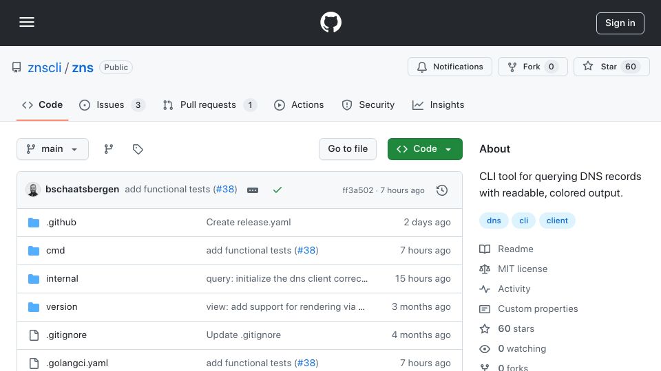 Screenshot of github.com: Zns: CLI tool for querying DNS records with readable, colored output