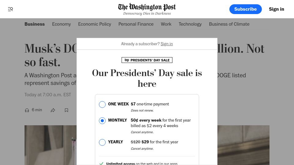 Screenshot of washingtonpost.com: Doge says its savings total $55B, but analysis shows it's less