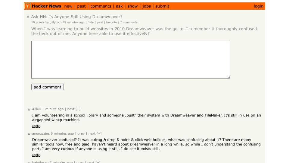 Screenshot of Hacker News post: Ask HN: Is anyone still using Dreamweaver?