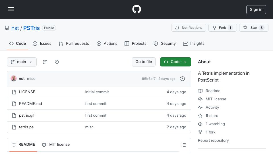 Screenshot of github.com: Tetris in PostScript