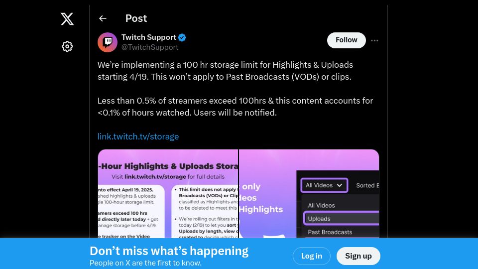 Screenshot of twitter.com: Twitch limiting uploads to 100 hours, deleting the rest starting April 19th