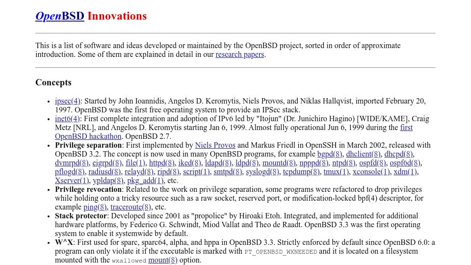 Screenshot of openbsd.org: OpenBSD Innovations