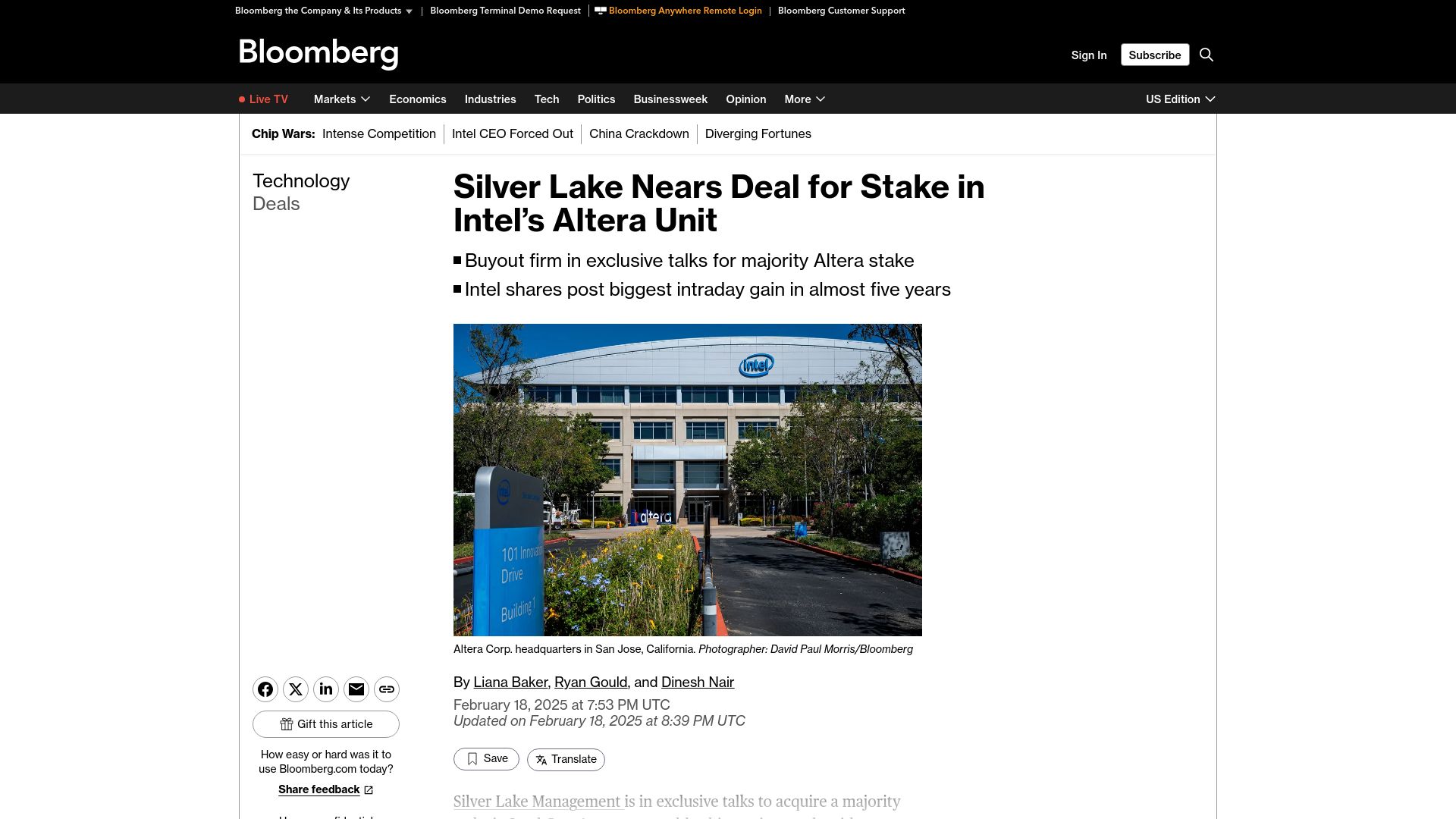 Screenshot of bloomberg.com: Silver Lake Nears Deal for Stake in Intel's Altera Unit