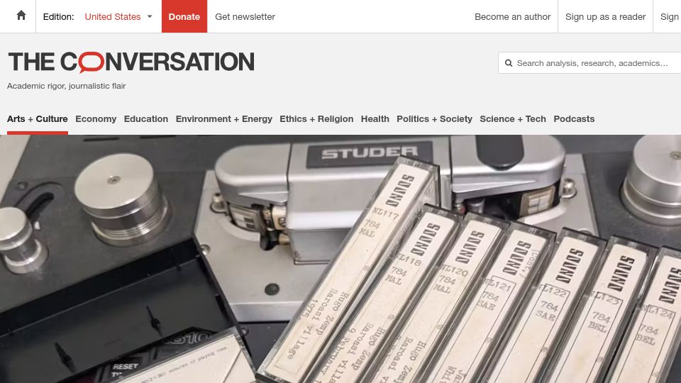 Screenshot of theconversation.com: Recovering priceless audio and lost languages from old decaying tapes