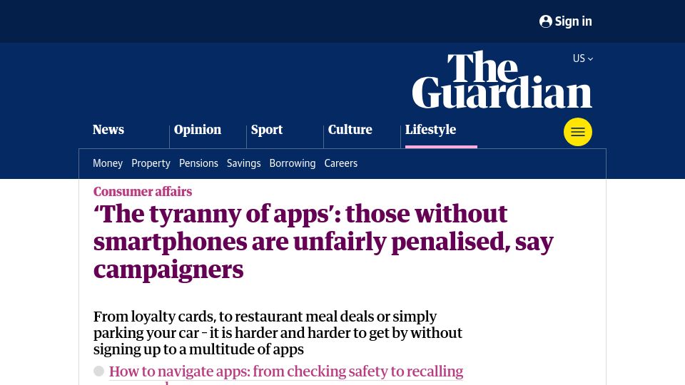 Screenshot of theguardian.com: 'The tyranny of apps': those without smartphones are unfairly penalised