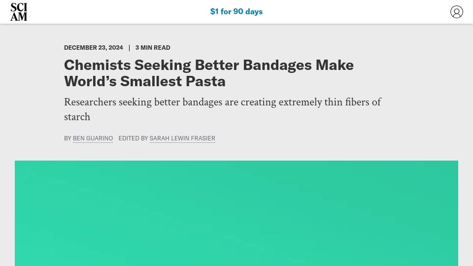 Screenshot of scientificamerican.com: Nanotini – smallest pasta makes a good bandage