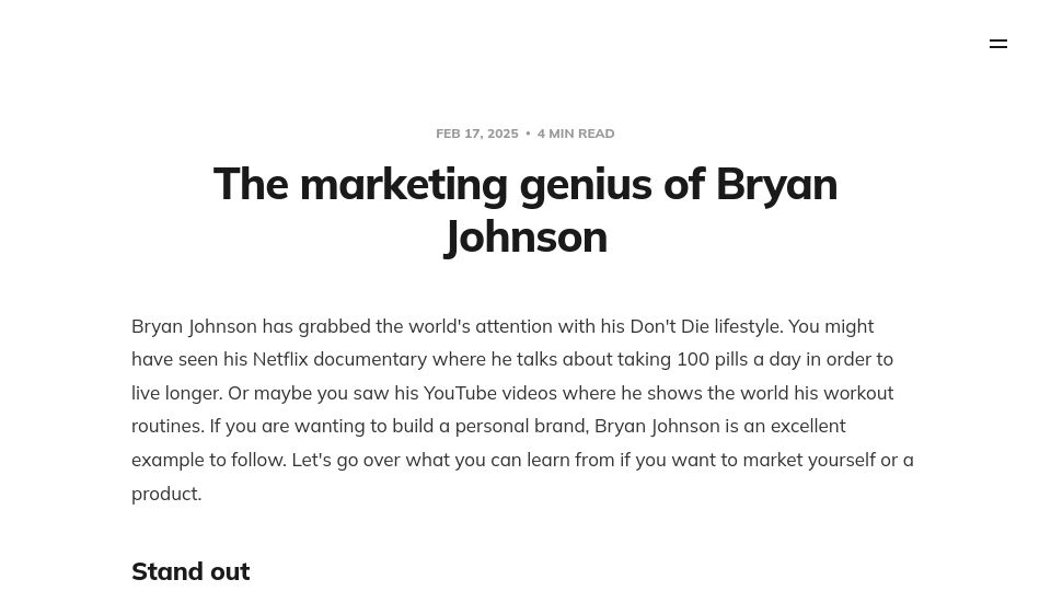 Screenshot of petecodes.io: The marketing genius of Bryan Johnson