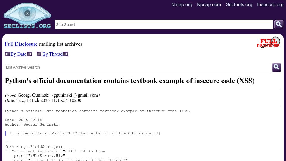 Screenshot of seclists.org: Python's official documentation contains textbook example of insecure code (XSS)