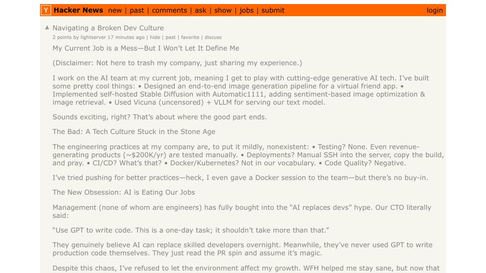 Screenshot of Hacker News post: Navigating a Broken Dev Culture