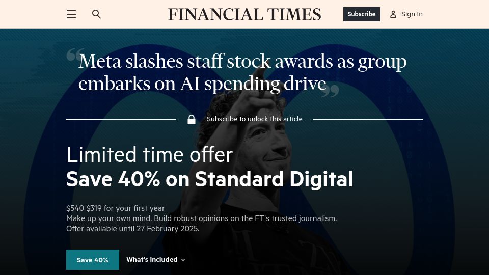 Screenshot of ft.com: Meta slashes staff stock awards as group embarks on AI spending drive