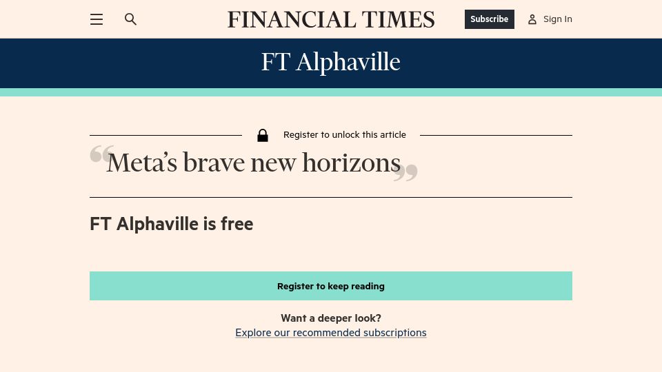 Screenshot of ft.com: Meta’s brave new horizons
