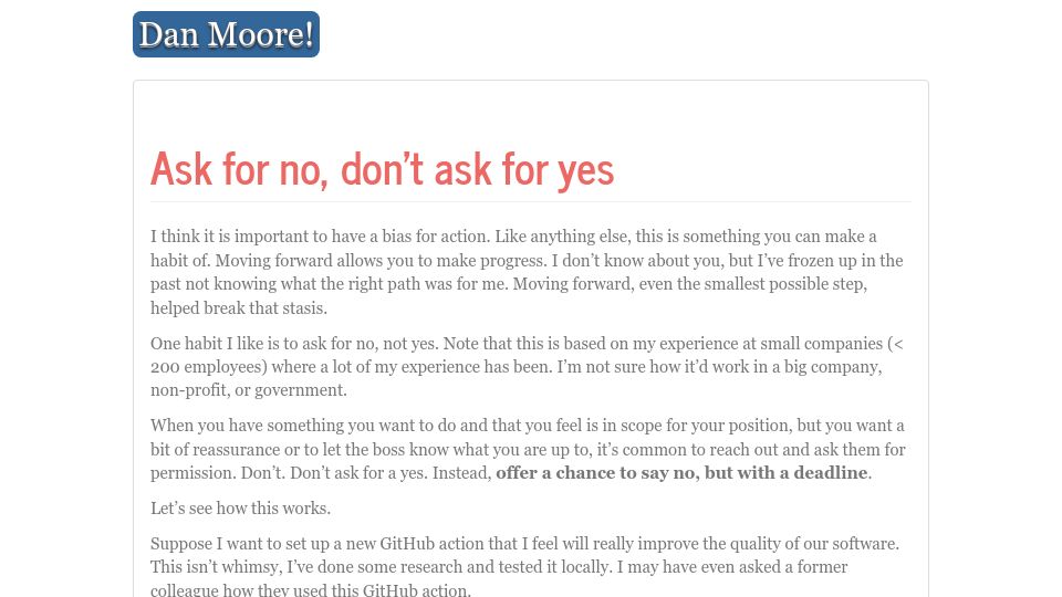 Screenshot of mooreds.com: Ask for no, don't ask for yes (2022)
