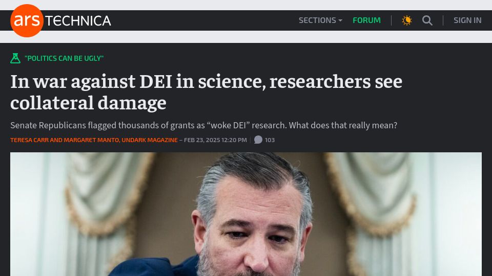 Screenshot of arstechnica.com: In war against DEI in science, researchers see collateral damage