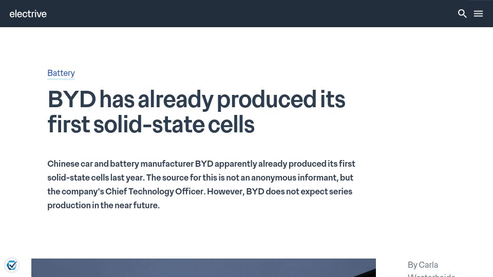 Screenshot of electrive.com: BYD has already produced its first solid-state cells