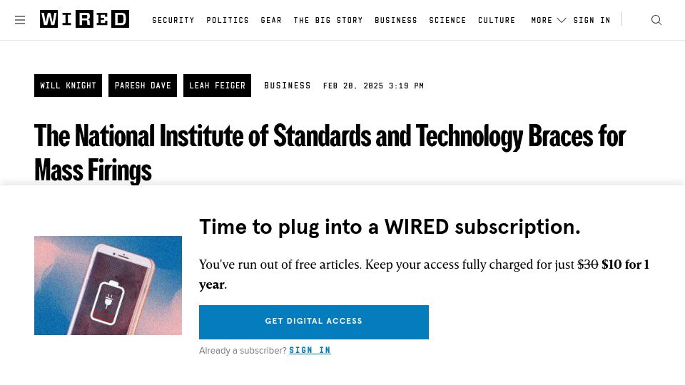 Screenshot of wired.com: The National Institute of Standards and Technology Braces for Mass Firings
