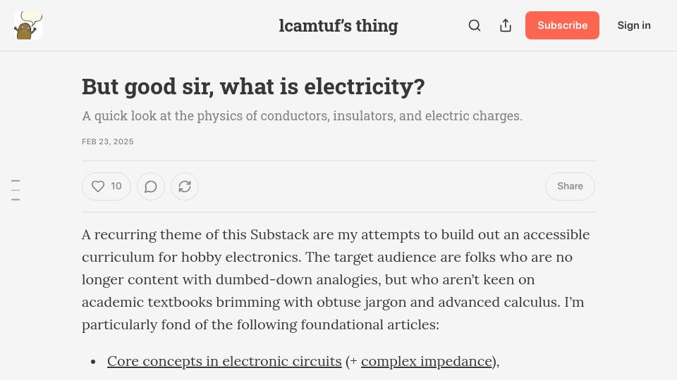 Screenshot of lcamtuf.substack.com: But good sir, what is electricity?