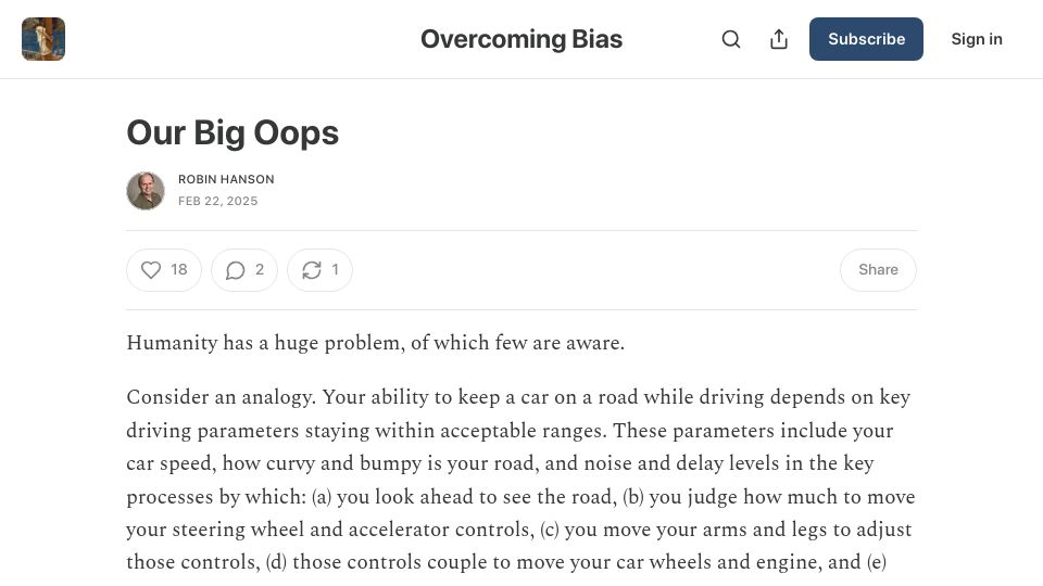 Screenshot of overcomingbias.com: Our Big Oops