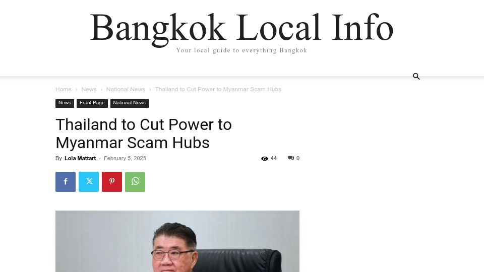 Screenshot of bangkoklocal.info: Thailand to Cut Power to Myanmar Scam Hubs