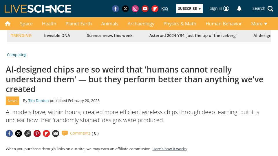 Screenshot of livescience.com: AI-designed chips are so weird that 'humans cannot understand them'