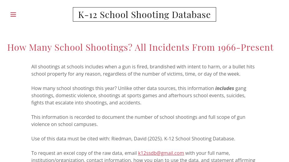 Screenshot of k12ssdb.org: How Many School Shootings? All Incidents from 1966-Present