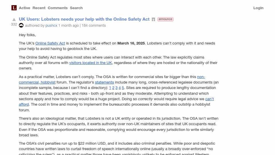 Screenshot of lobste.rs: Lobsters blocking UK users because of the Online Safety Act