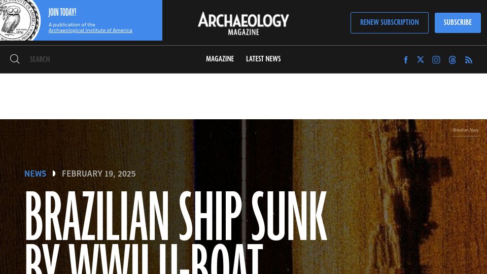 Screenshot of archaeology.org: Brazilian ship sunk by WWII U-Boat located