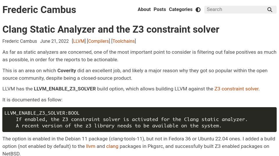 Screenshot of cambus.net: Clang Static Analyzer and the Z3 constraint solver (2022)