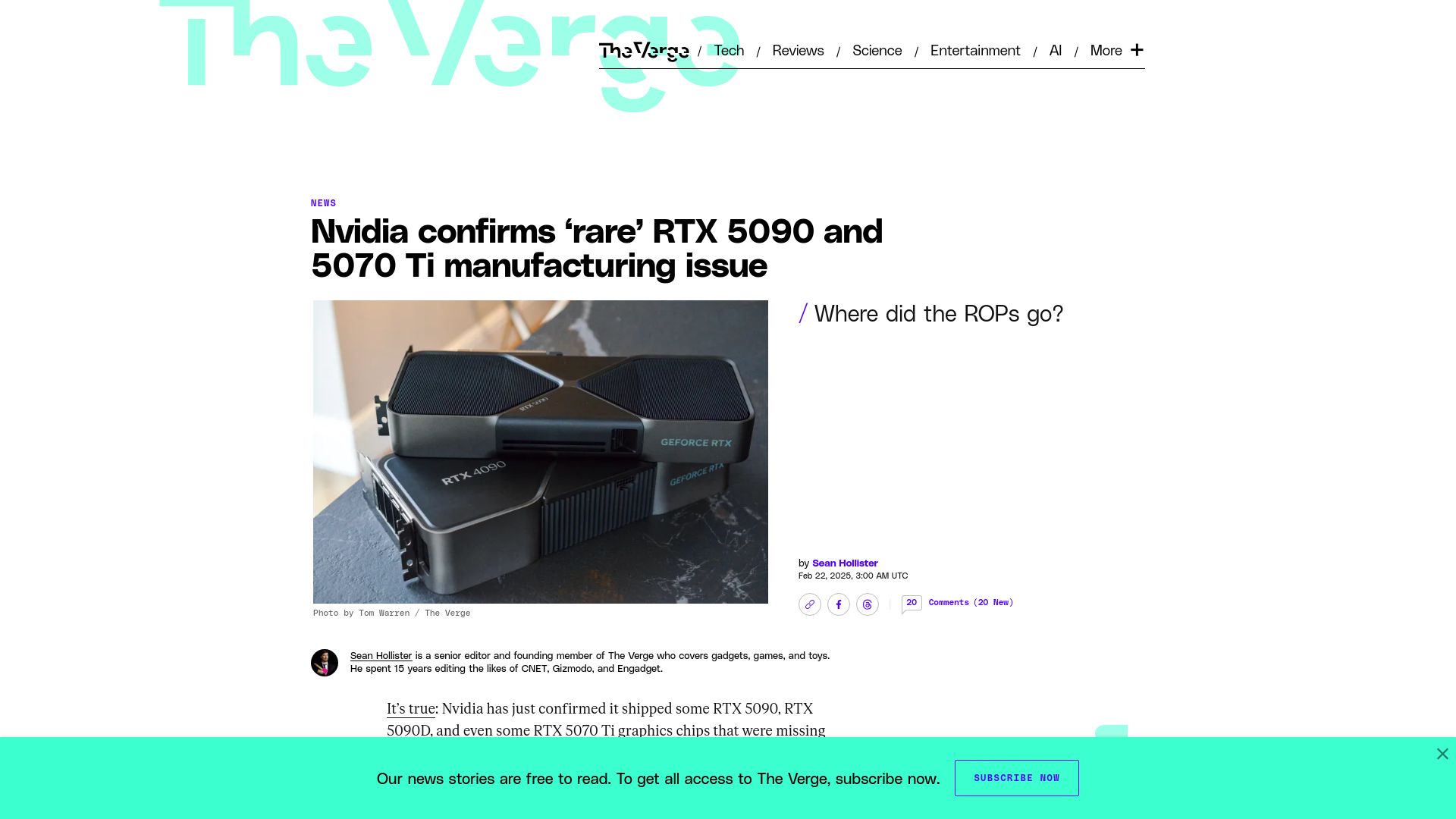Screenshot of theverge.com: Nvidia confirms 'rare' RTX 5090 and 5070 Ti manufacturing issue