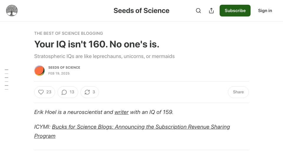 Screenshot of theseedsofscience.pub: Studies correlating IQ to genius are mostly bad science