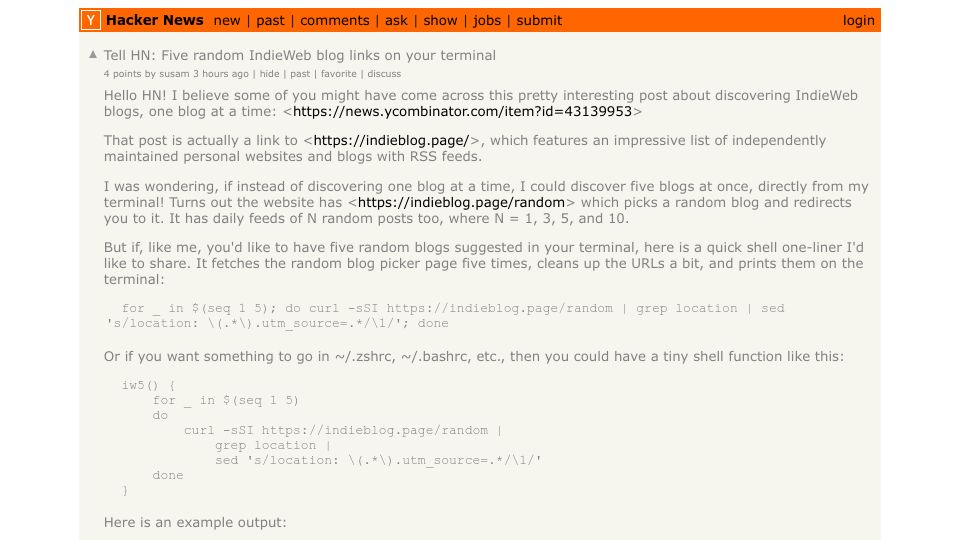 Screenshot of Hacker News post: Tell HN: Five random IndieWeb blog links on your terminal