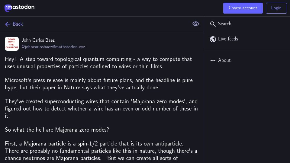 Screenshot of mathstodon.xyz: What are Majorana zero modes?