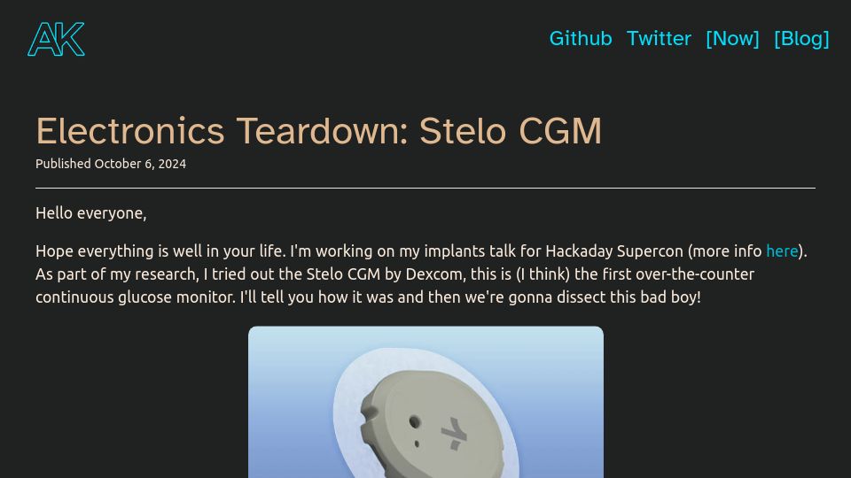 Screenshot of andykong.org: Electronics Teardown: Stelo Continuous Glucose Monitor (2024)
