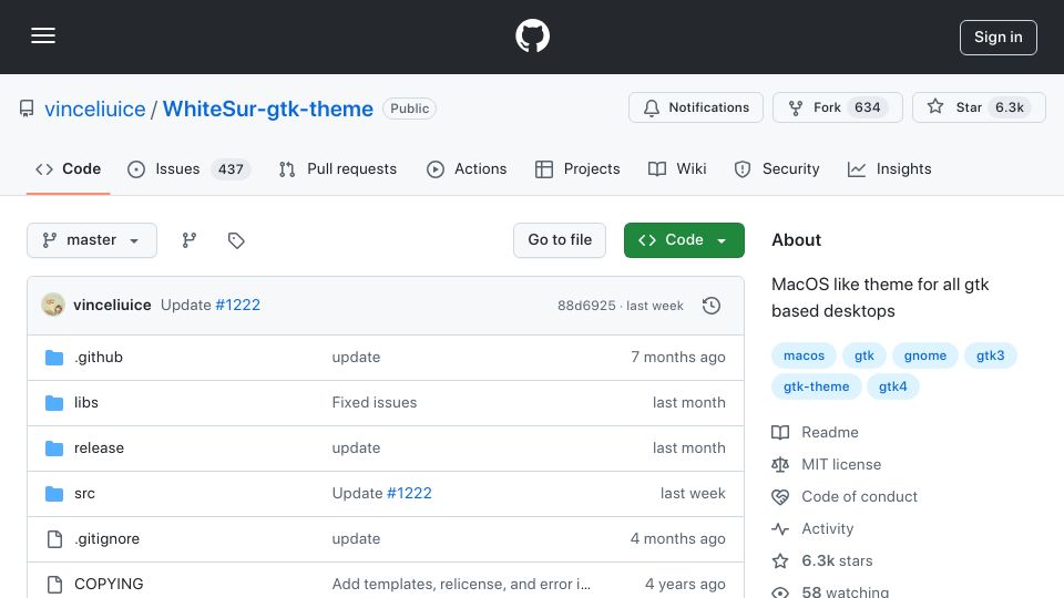 Screenshot of github.com: WhiteSur: macOS-like theme for GTK desktops