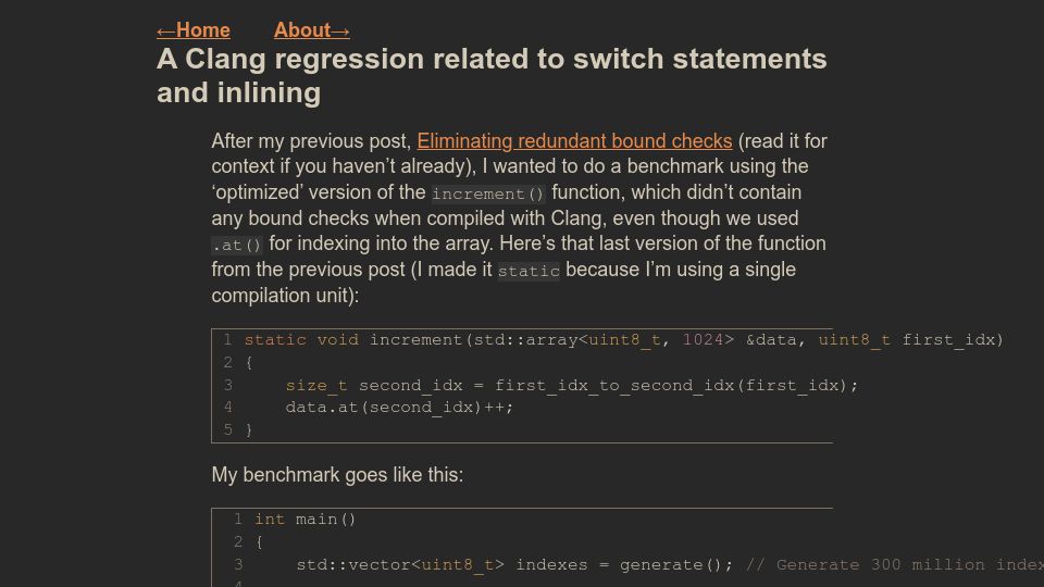 Screenshot of nicula.xyz: A Clang regression related to switch statements and inlining