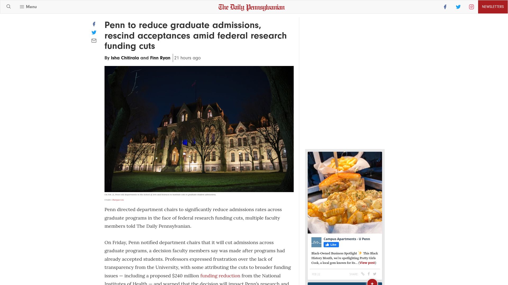 Screenshot of thedp.com: Penn to reduce graduate admissions, rescind acceptances amid research cuts