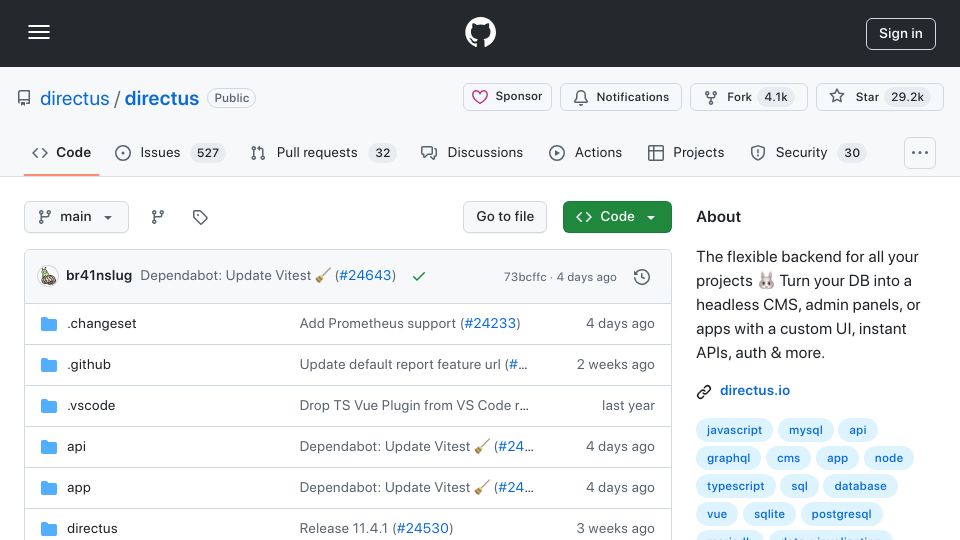 Screenshot of github.com: Directus – real-time REST and GraphQL API of any SQL database