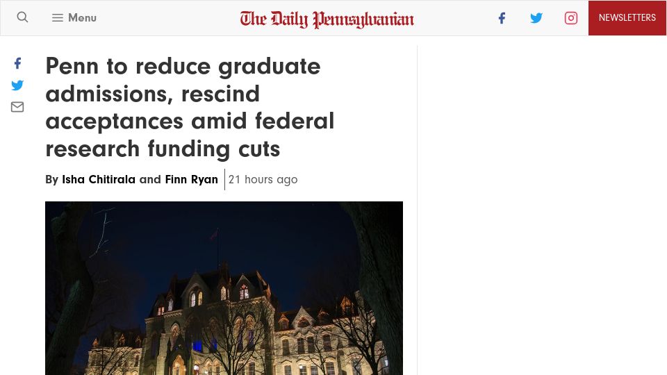 Screenshot of thedp.com: Penn to reduce graduate admissions, rescind acceptances amid research cuts