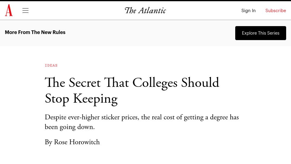 Screenshot of theatlantic.com: Despite sticker prices, the real cost of getting a degree has been going down