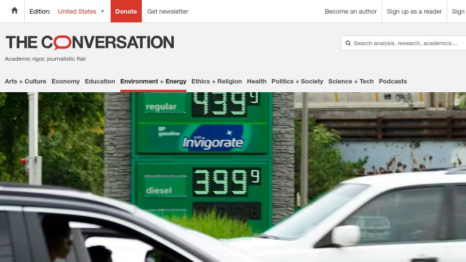 Screenshot of theconversation.com: Countries spend huge sums on fossil fuel subsidies – why they're so hard to end