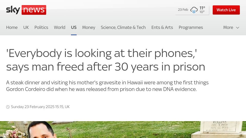 Screenshot of news.sky.com: 'Everybody is looking at their phones,' says man freed after 30 years in prison