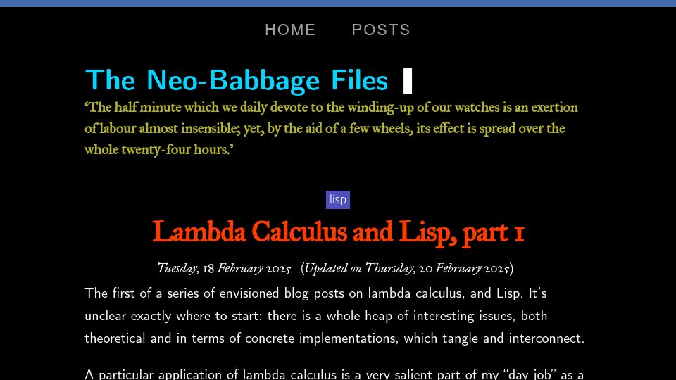 Screenshot of babbagefiles.xyz: Lambda Calculus and Lisp, part 1