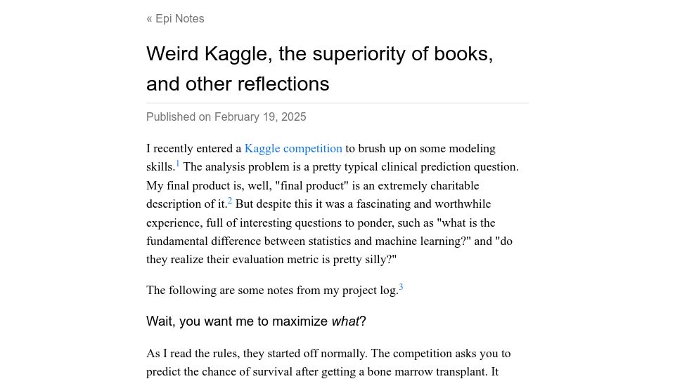 Screenshot of blog.griffens.net: Weird Kaggle and the Superiority of Books