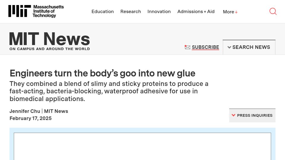 Screenshot of news.mit.edu: Engineers turn the body's goo into new glue