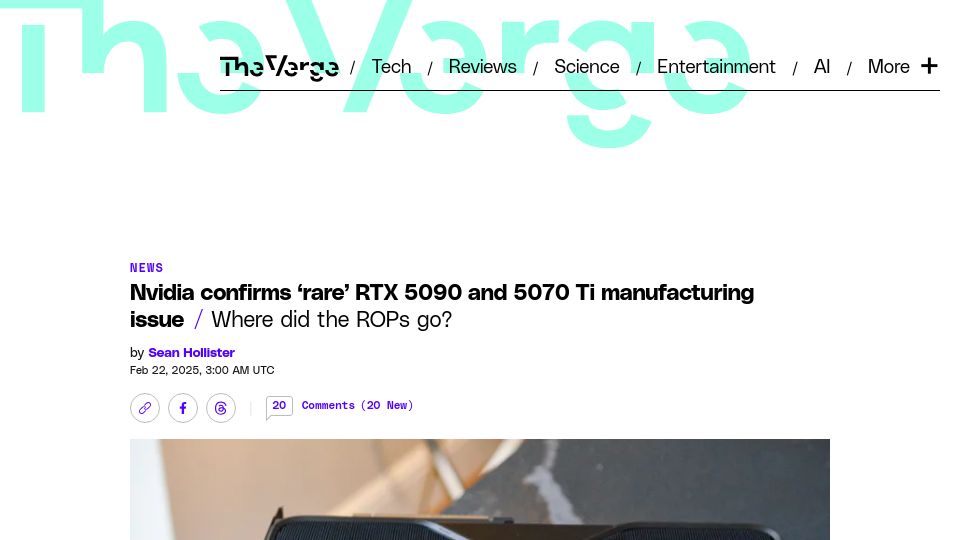 Screenshot of theverge.com: Nvidia confirms 'rare' RTX 5090 and 5070 Ti manufacturing issue