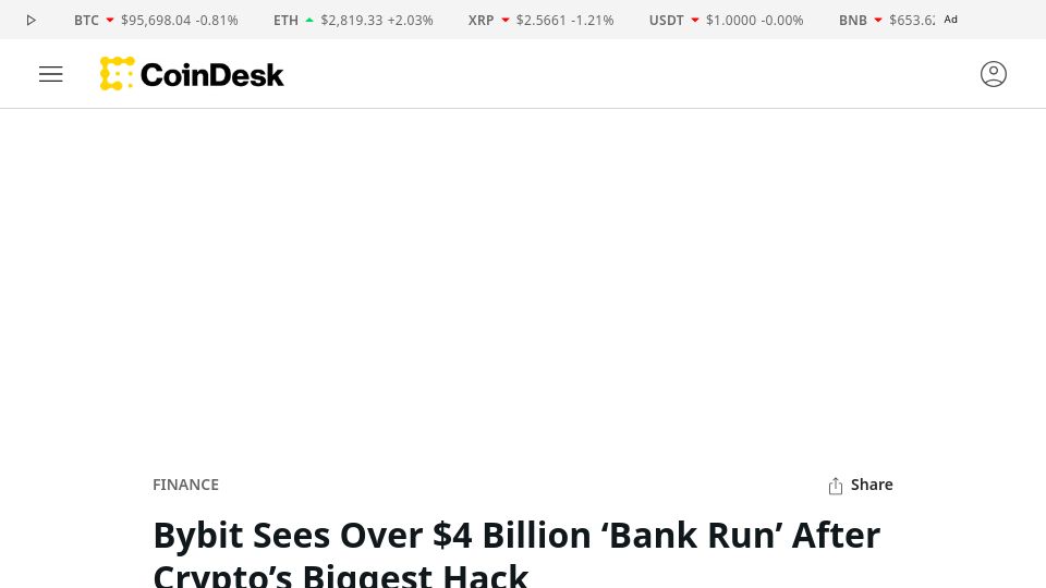 Screenshot of coindesk.com: Bybit Sees over $4B 'Bank Run' After Crypto's Biggest Hack