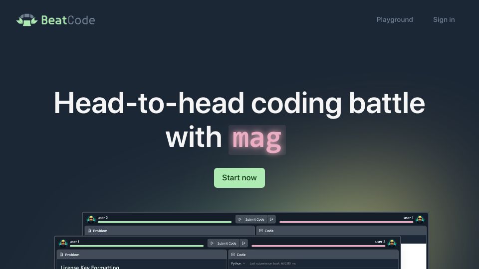 Screenshot of beatcode.dev: LeetCode but You Can Force People to Code in Light Mode