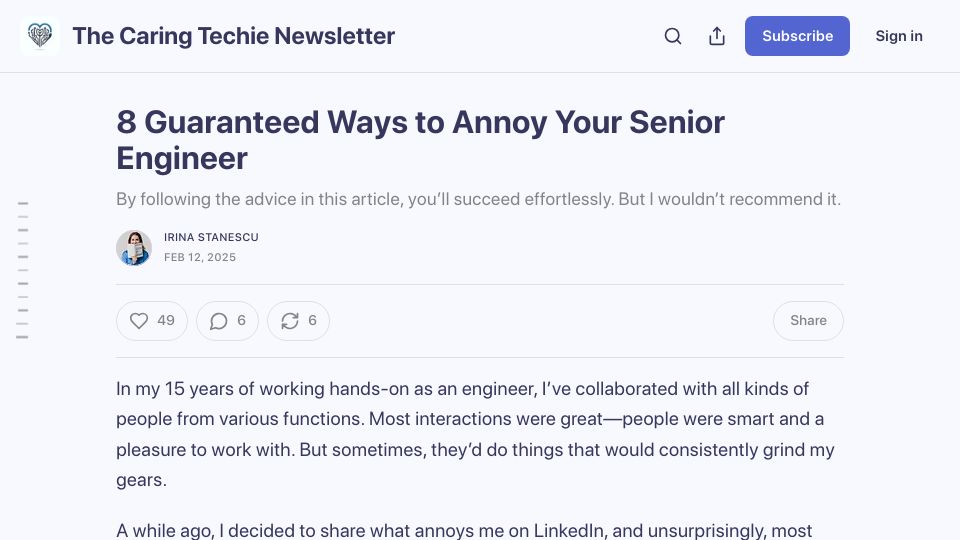 Screenshot of thecaringtechie.com: Ways to annoy your senior engineer