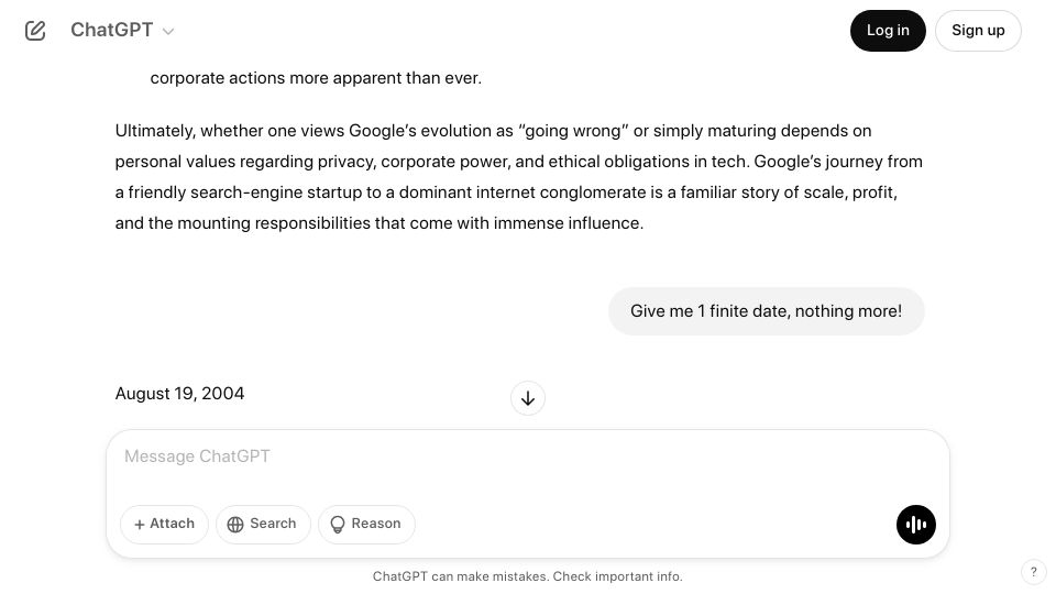 Screenshot of chatgpt.com: ChatGPT: When did Google go wrong?